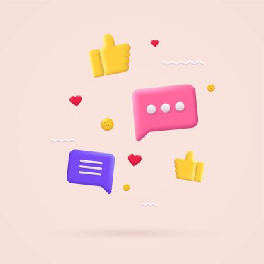 3D sosyal medya teknolojisi, çevrimiçi uygulamalar kavramı, sosyal ağlar için ikonlar, konuşma baloncukları, başparmaklar, emoji, kalp.