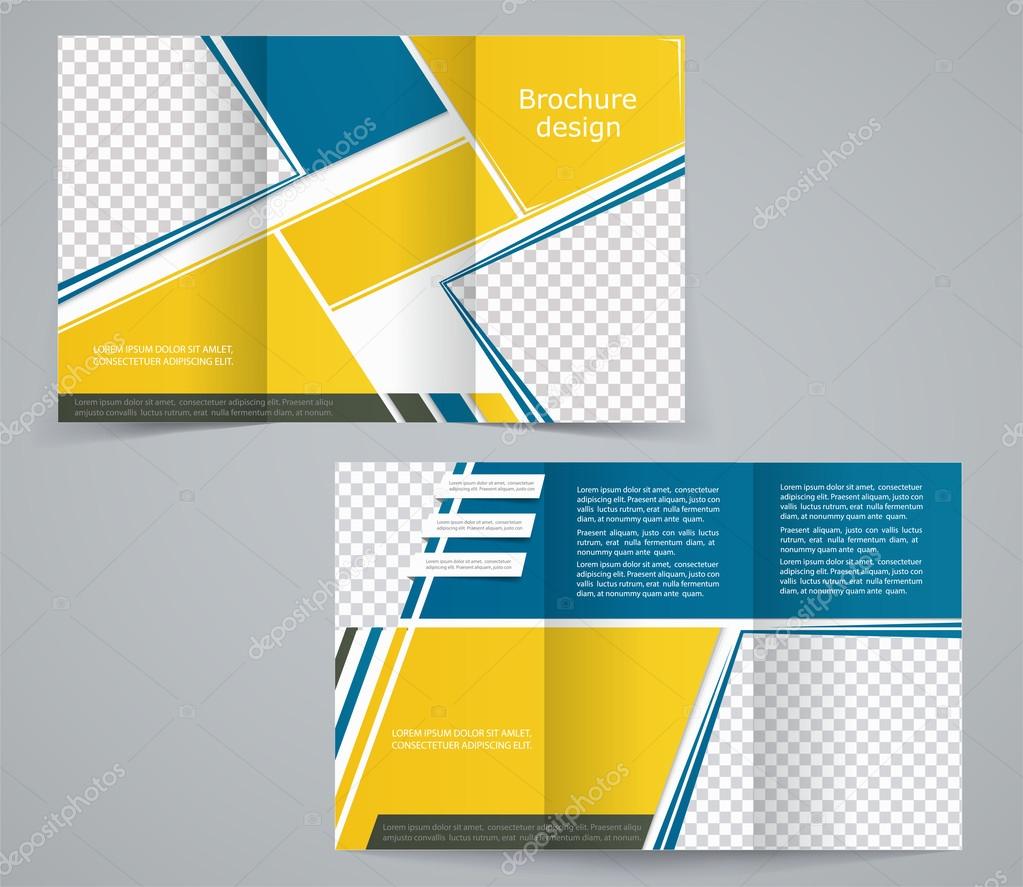 Tri-fold business brochure template, vector yellow-blue design f
