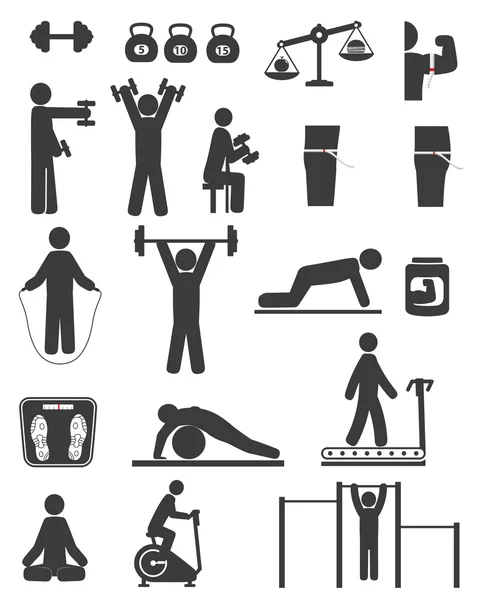 Iconos deportivos y fitness de color negro sobre fondo blanco — Vector de stock