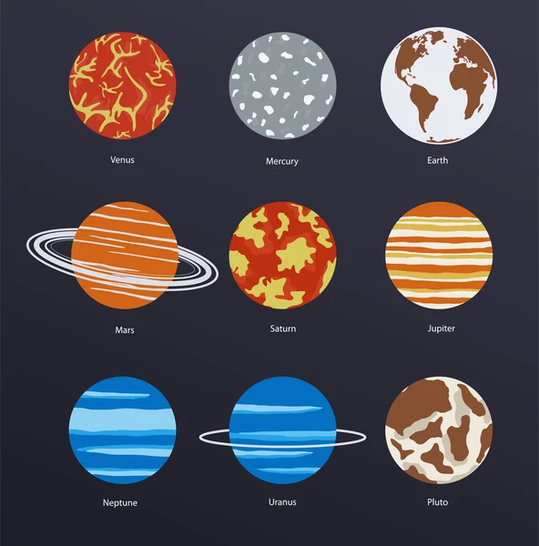 Iconos de planetas sobre fondo oscuro — Vector de stock