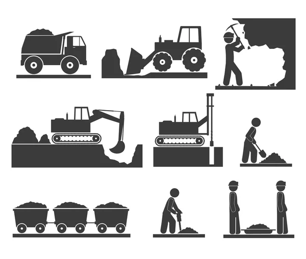 Construcciones terrestres iconos minería y canteras — Archivo Imágenes Vectoriales