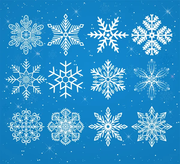 Set di fiocchi di neve su uno sfondo innevato con stelle — Vettoriale Stock