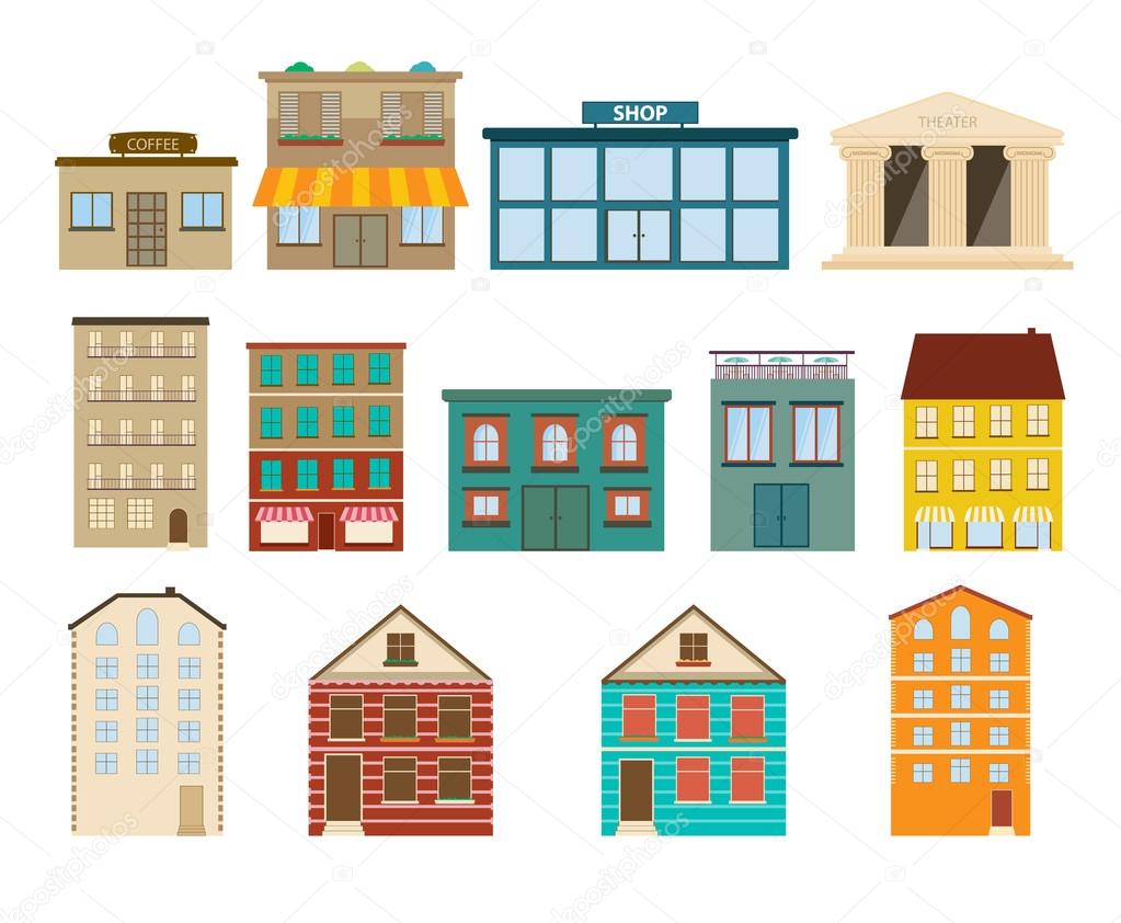 Town and suburban buildings icons on white background