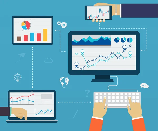 Infografías de negocios mediante el uso de dispositivos digitales modernos, informe — Vector de stock