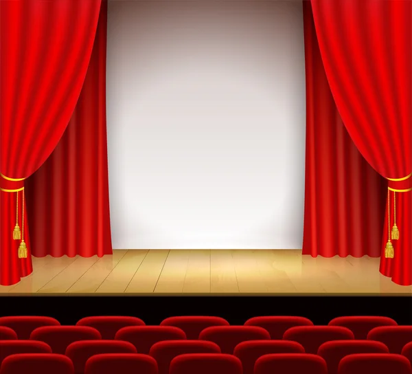 Театральная сцена с белой подставкой и красным занавесом — стоковый вектор