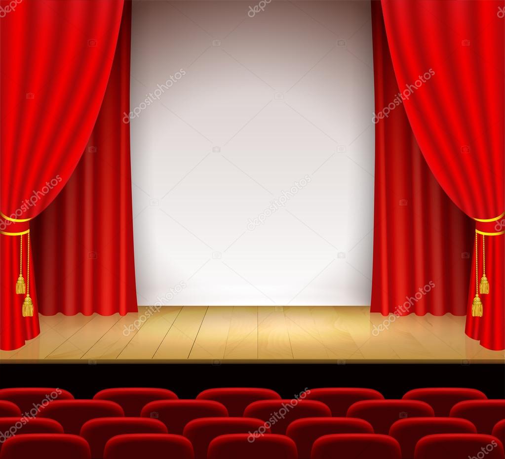 Theatrical scene with white a stand and red curtain