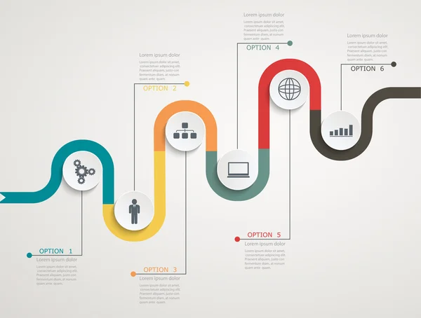 Linha do tempo do infográfico de estrada com ícones, estrutura stepwise — Vetor de Stock