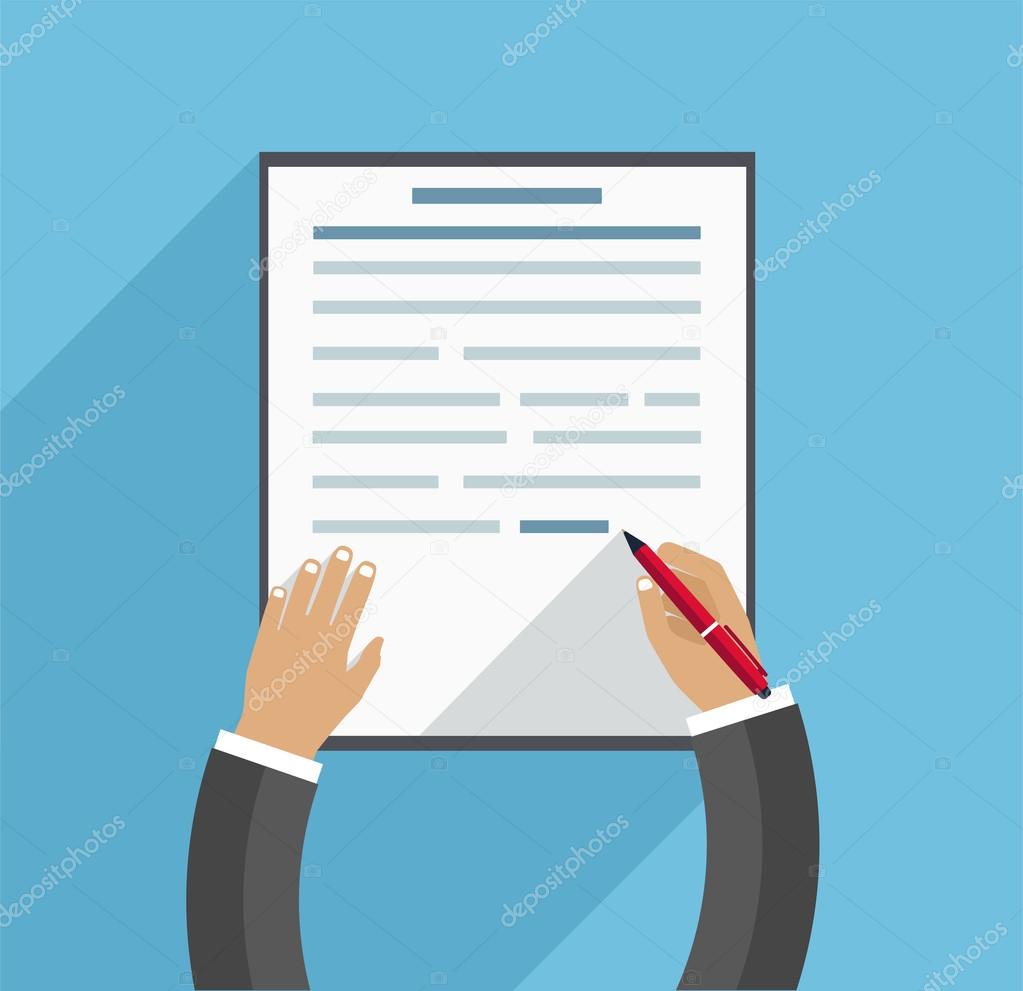 Hand fills contract, business concept on blue background in a fl