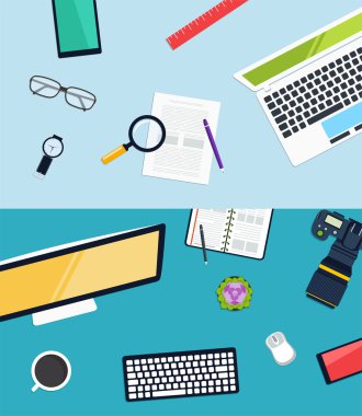 Yaratıcı çalışma alanı tasarım. Kavramı ofis malzemeleri, simgeler s