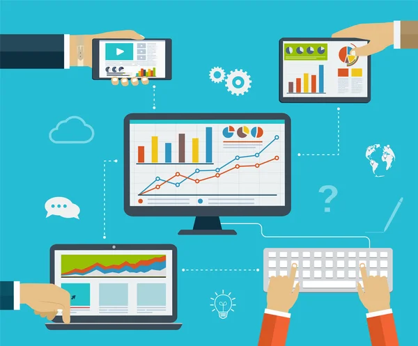 Infografías de negocios mediante el uso de dispositivos digitales modernos para int — Vector de stock