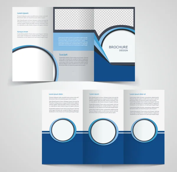 Tri-fold business brochure template, two-sided template design,  mock-up cover in blue  colors — Stock Vector