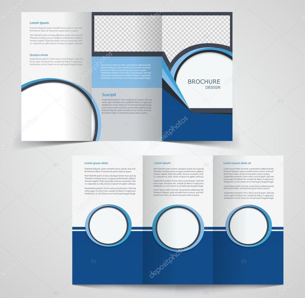 Tri-fold business brochure template, two-sided template design,  mock-up cover in blue  colors