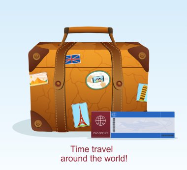 Vintage deri bavul seyahat çıkartması, Bilet bir geçiş ile