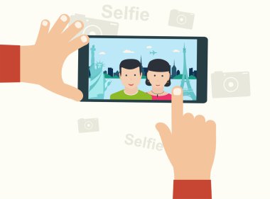 Selfie resmi akıllı telefon için? beyaz arka plan üzerinde oncept. Genç 