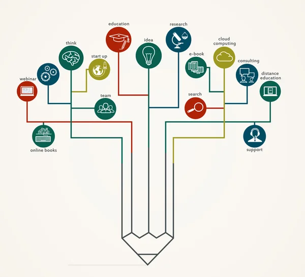 Conexiones de red de árbol, flujo de información con iconos en forma de — Vector de stock