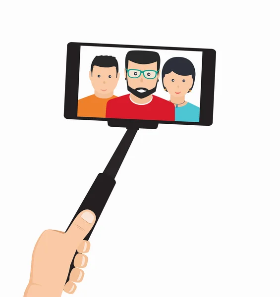 Selfie mobil bir grup insan alarak elinde monopod — Stok Vektör