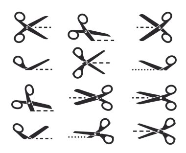 Scissors with cut lines, set of cutting scissors on white backgr clipart