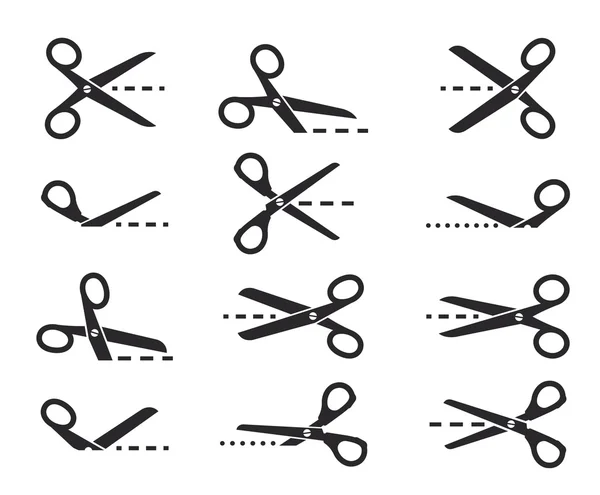 Scissors with cut lines, set of cutting scissors on white backgr Stock Illustration