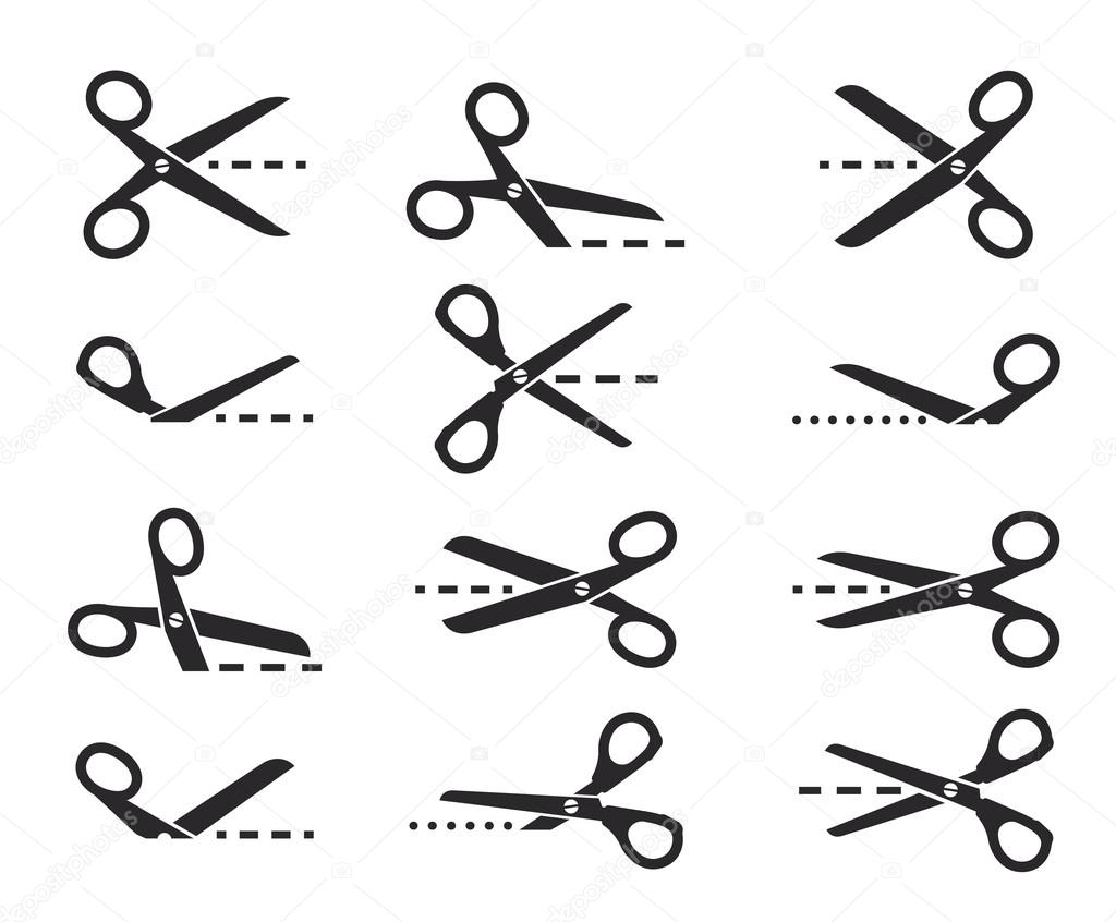Scissors with cut lines, set of cutting scissors on white backgr