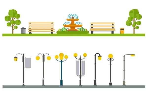 Városi kültéri dekoráció, elemek parkok és sikátorok, utcák és oldala — Stock Vector