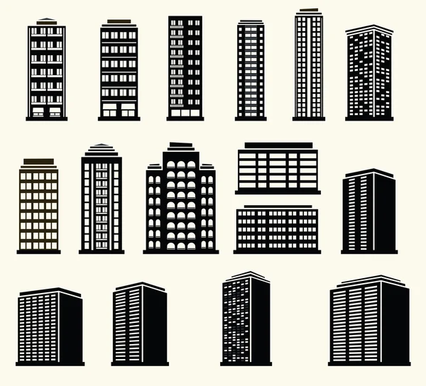 Iconos de edificios modernos urbanos en blanco y negro — Vector de stock