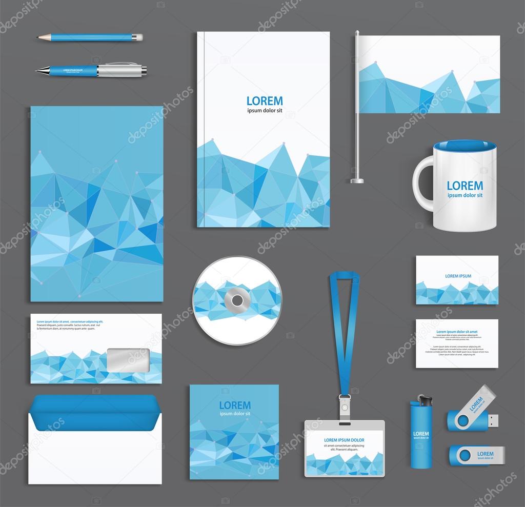 Blue corporate id template  with triangular faces, company style, abstract of design elements.