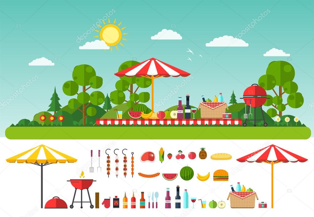 Picnic on nature. Set of elements for outdoor recreation