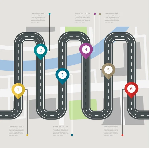 Carretera infografía paso a paso estructura con puntero pin. Navegación — Archivo Imágenes Vectoriales