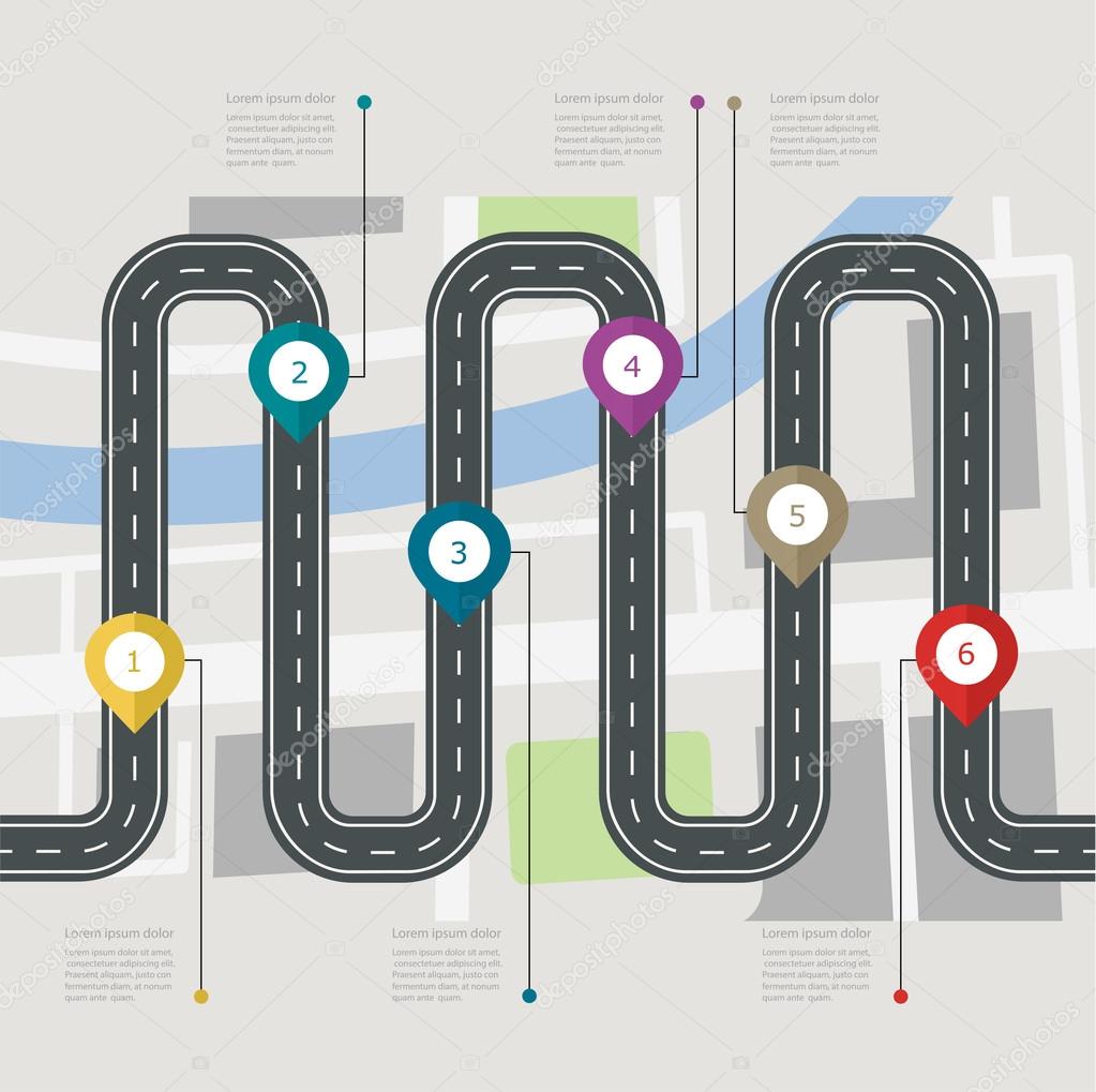 Road infographic stepwise structure with pin pointer. Navigation