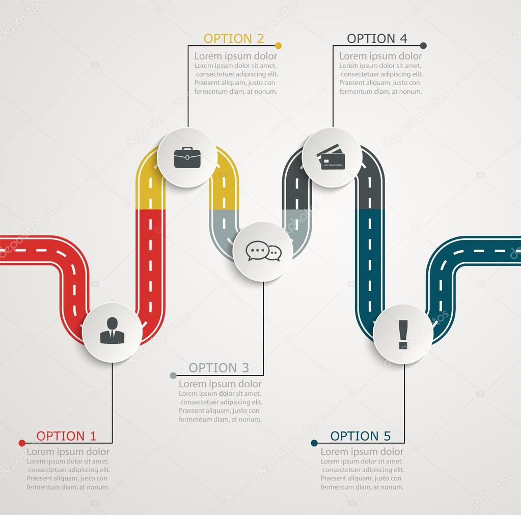 Colorful road infographic timeline with icons, stepwise horizont