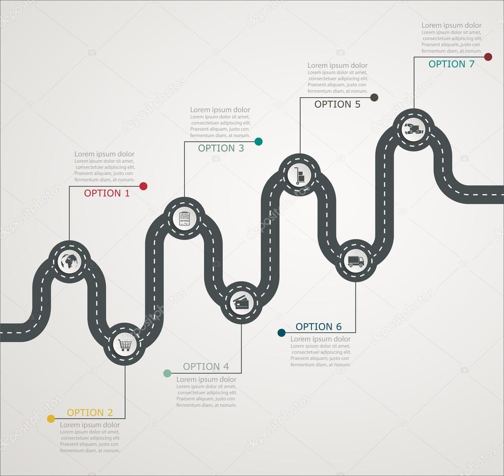 Road infographic timeline stepwise structure with icons, busines