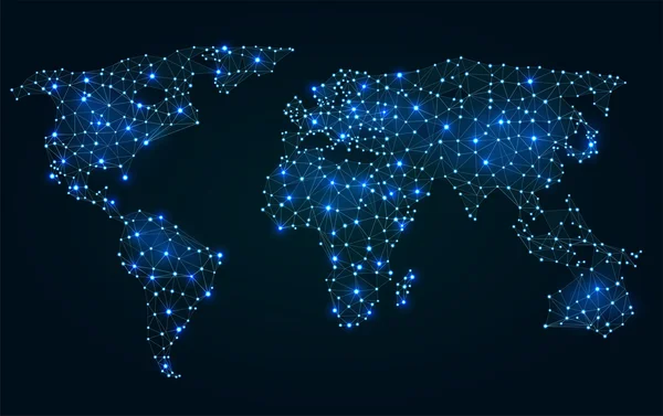 Mapa del mundo poligonal abstracto con puntos calientes, conexiones de red — Archivo Imágenes Vectoriales