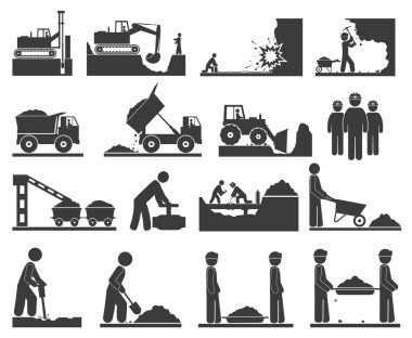 Сonstruction earthworks icons mining and quarrying coal, oil