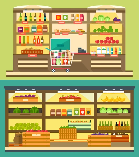 Tienda de comestibles, estantes de supermercados con comida y bebida — Archivo Imágenes Vectoriales