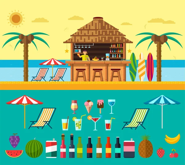 Plage tropicale avec un bar sur la plage, vacances d'été sur le sable chaud avec de l'eau claire. Ensemble de boissons et fruits exotiques — Image vectorielle