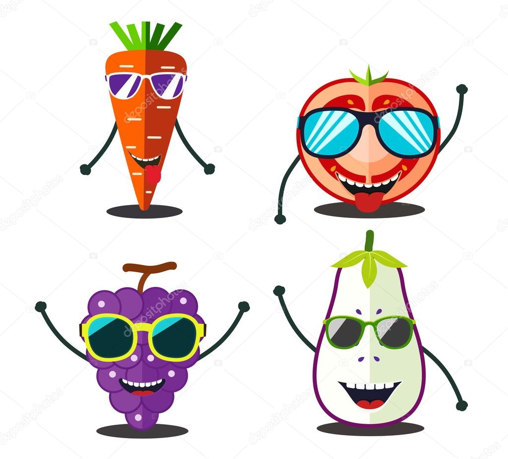 Funny fruits set. Design cartoon food slices of carrot, tomato, 