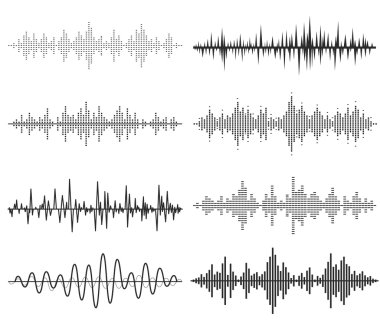 Siyah müzik ses dalgaları. Radyo sinyalleriyle iletilen teknoloji, müzik darbe.