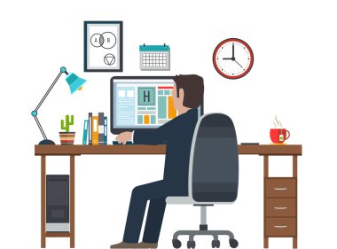 Tasarımcı işyerinde iş istasyonu. Ofis iç yaratıcı ekipman.