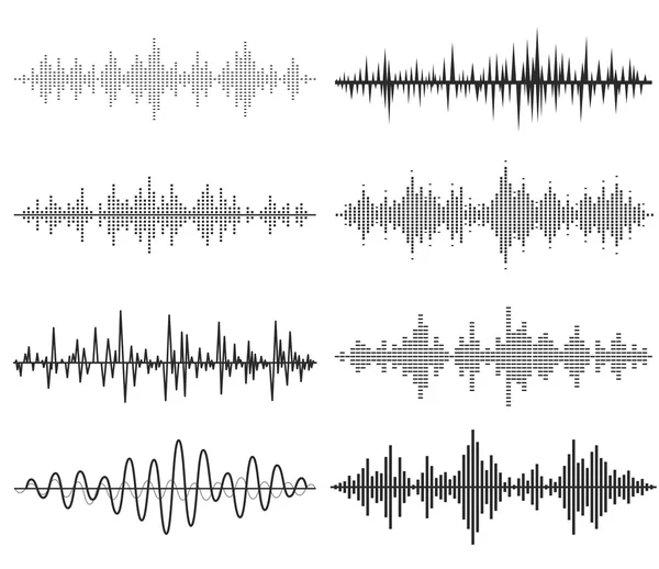 Siyah müzik ses dalgaları. Radyo sinyalleriyle iletilen teknoloji, müzik darbe. — Stok Vektör