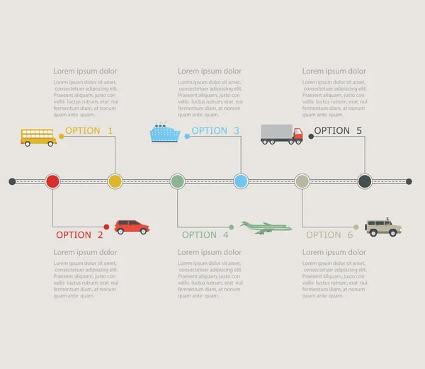 Časová osa infographic ikonami dopravy. Postupné structu — Stockový vektor