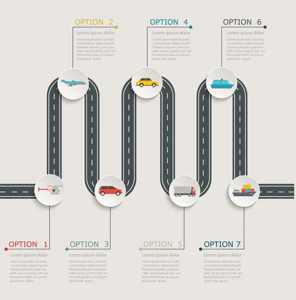 Silniční infographic postupné struktura s ikonami dopravy. — Stockový vektor