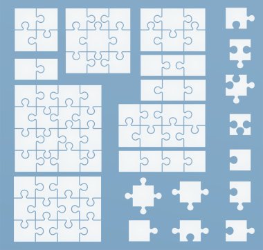 Parts of puzzles on blue template. Set of puzzle 2, 3, 4, 6, 8,  clipart