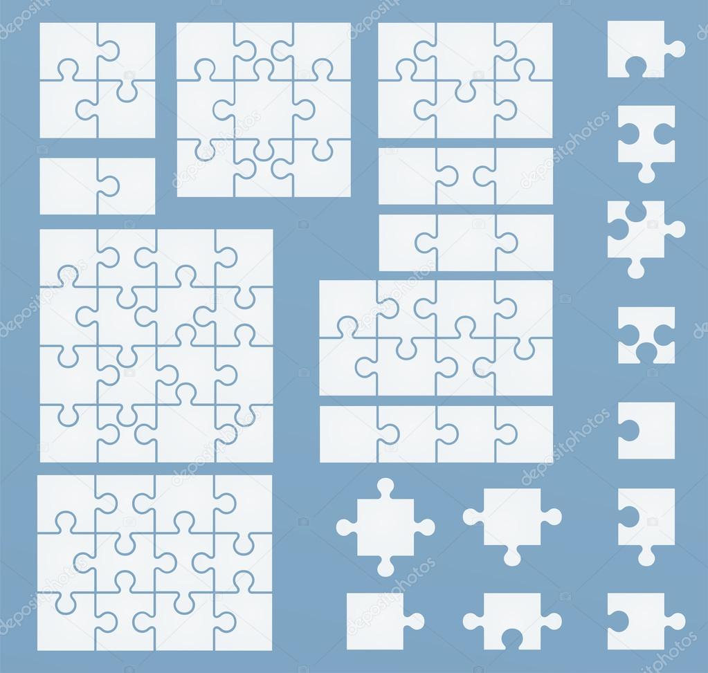 Parts of puzzles on blue template. Set of puzzle 2, 3, 4, 6, 8, 