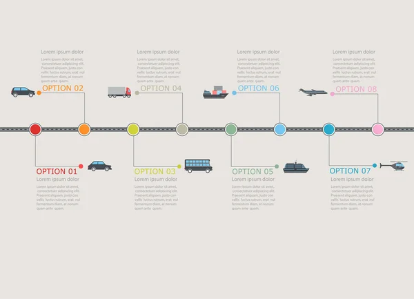 Linea temporale infografica dei trasporti con struttura numerata a gradini — Vettoriale Stock