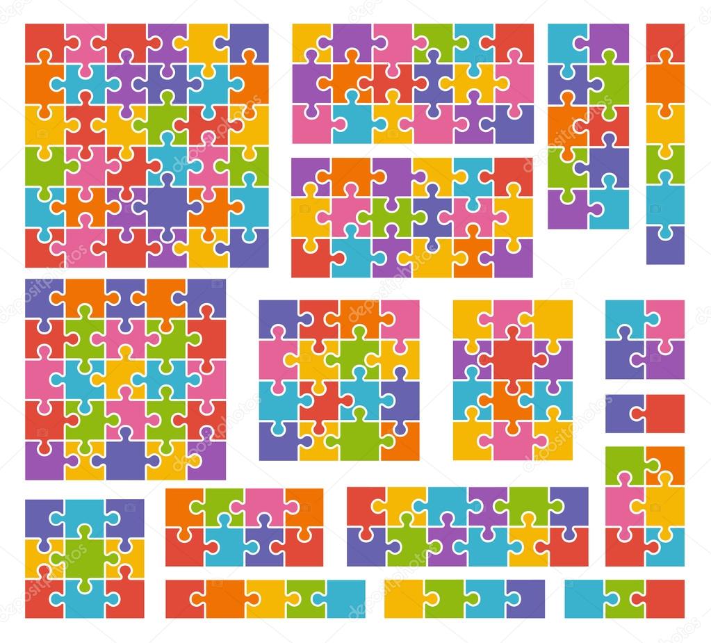 Parts of puzzles on white background in colored colors. Set of p