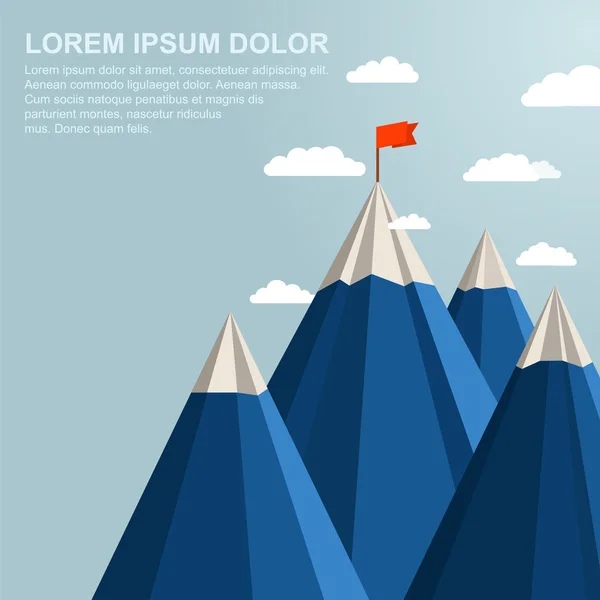 Paisaje con bandera roja en la cima de la montaña. Concepto de liderazgo — Archivo Imágenes Vectoriales