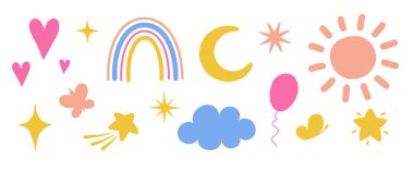 Bir grup şirin çocuk motifleri, bulutlar ve güneş, gökkuşağı, yıldızlar, kalpler, kelebekler. Beyaz arka planda sihirli çocuk çizimleri.