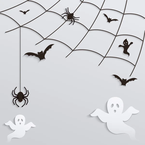 Dia das Bruxas. Teia de aranha com fantasmas e morcegos voadores . — Vetor de Stock