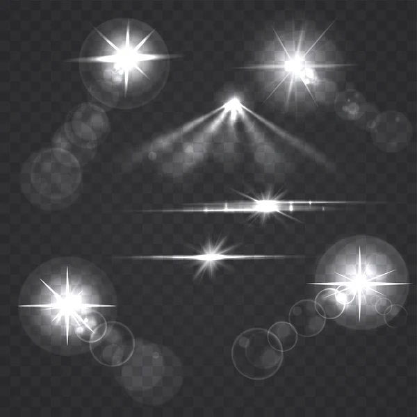 Brilhante efeito de luz estrelas e flashes sobre fundo transparente — Vetor de Stock