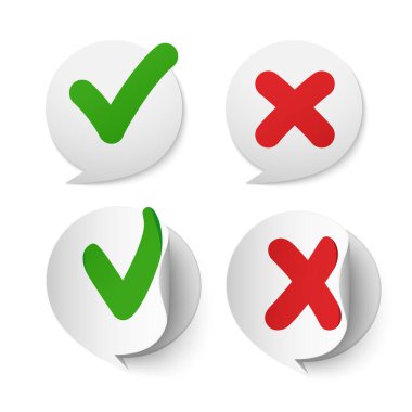 İşaretli kabarcık sembolü. Tamam, çapraz. Yeşil işaretli mesaj evet, kırmızı işaretli hayır.